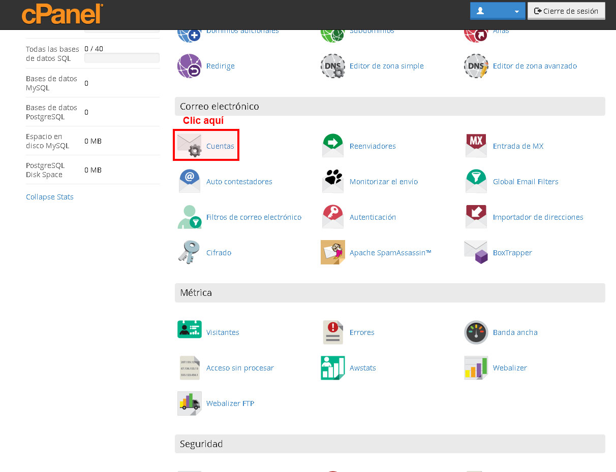 cPanel crear correos paso 1