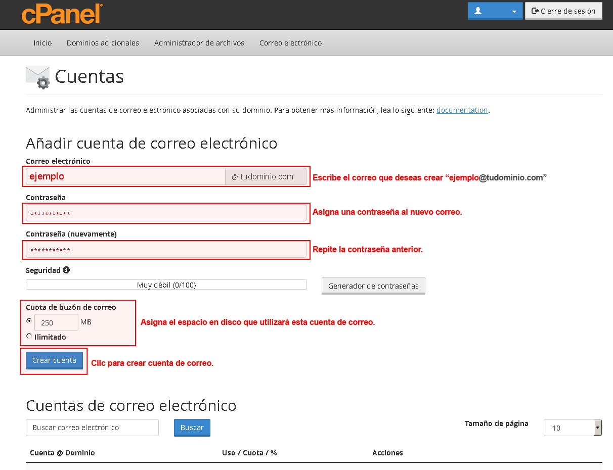 cPanel crear correos paso 2